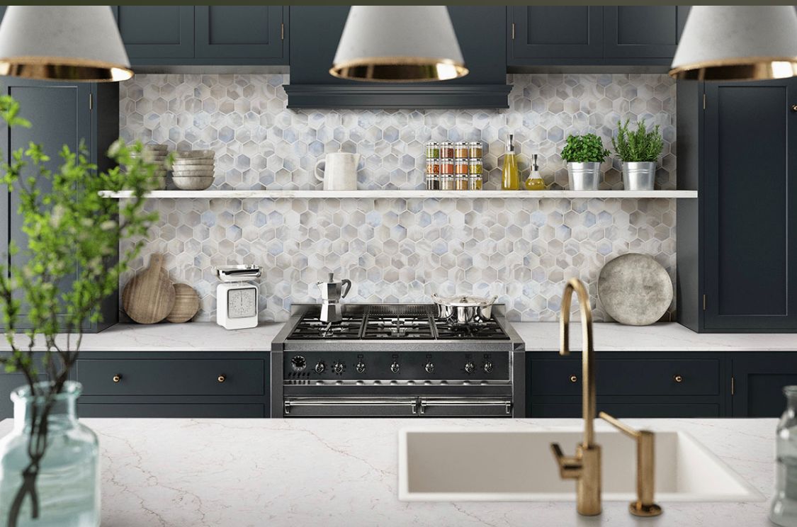 Flat lay of newly released natural stone and tile selections for bathroom, kitchen, and living room