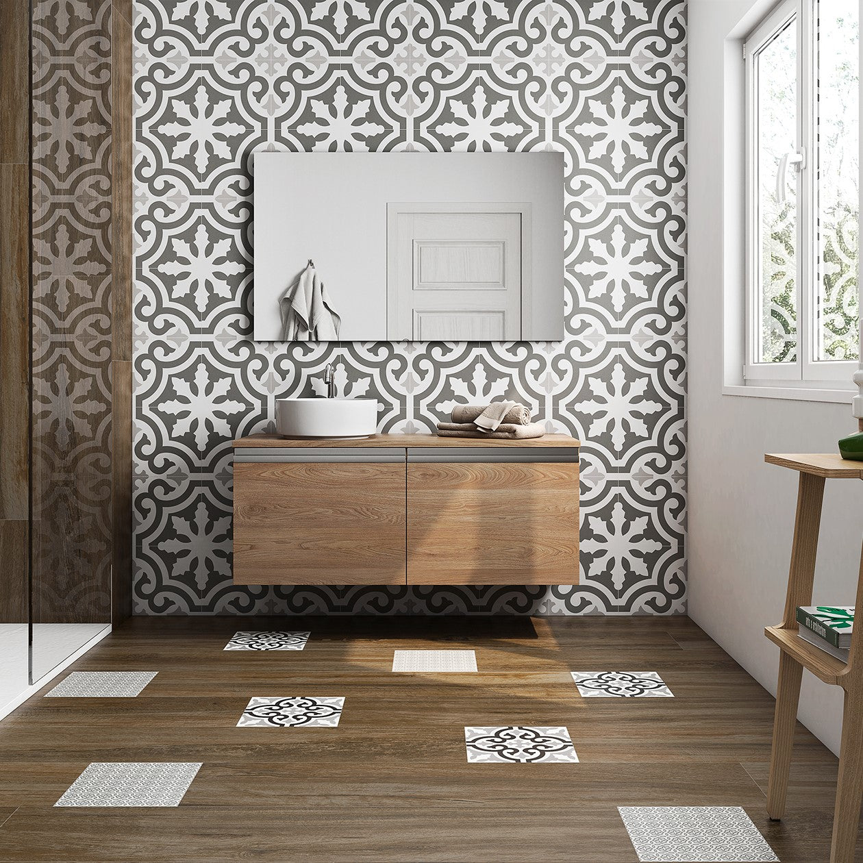 Cement tile look porcelain floor with black and white encaustic pattern design