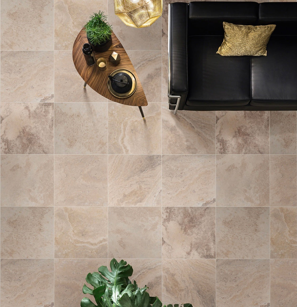 Installed view of Philadelphia Travertine on a living room floor