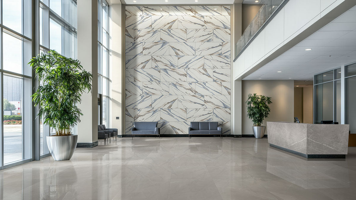 Indoor Valesia Azula Porcelain Tile polished installed on wall