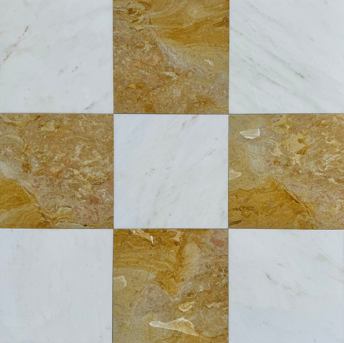 Checkerboard Calacatta Caldia and Giallo Reale Marble Tile 12x12