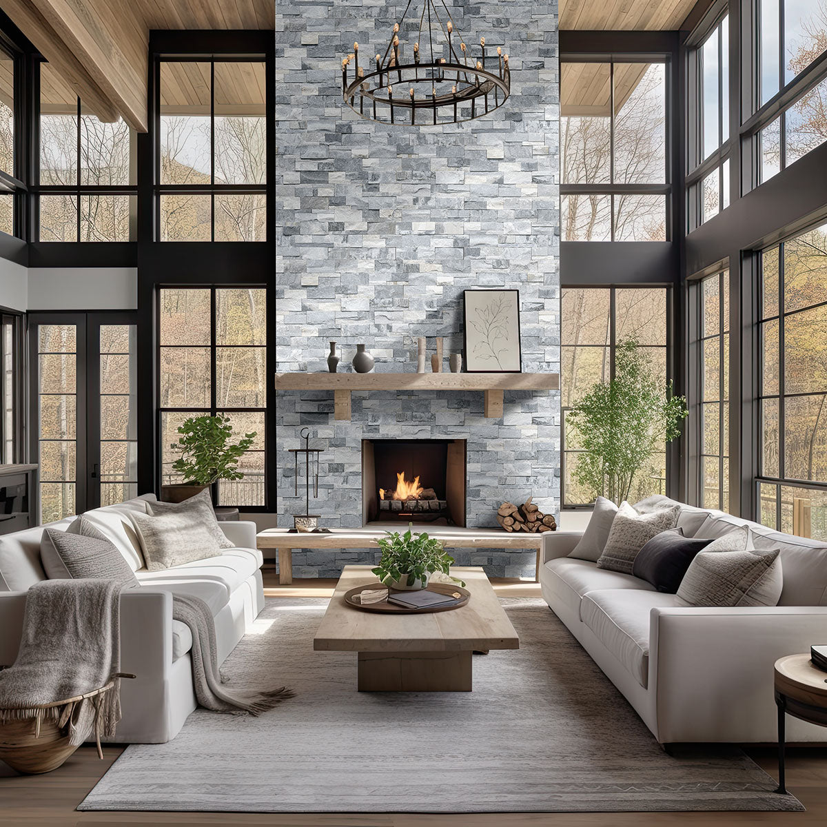 Alaska Gray XL Stacked Stone installed on an indoor wall with Split-Face finish