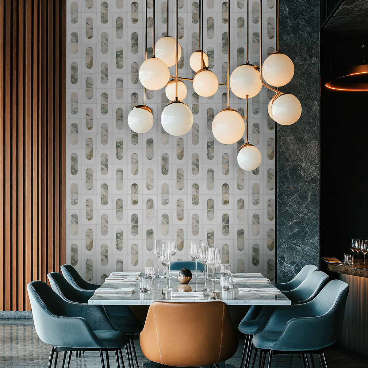 Bianco Dolomite Moderno Polished Mosaic installed on a wall for a modern luxurious look