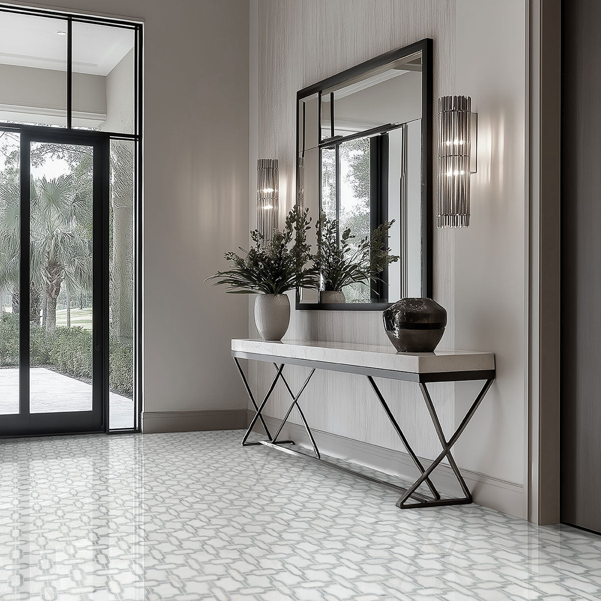 Bianco Gridwork Polished Marble Mosaic installed on doorway floor for a timeless, elegant look