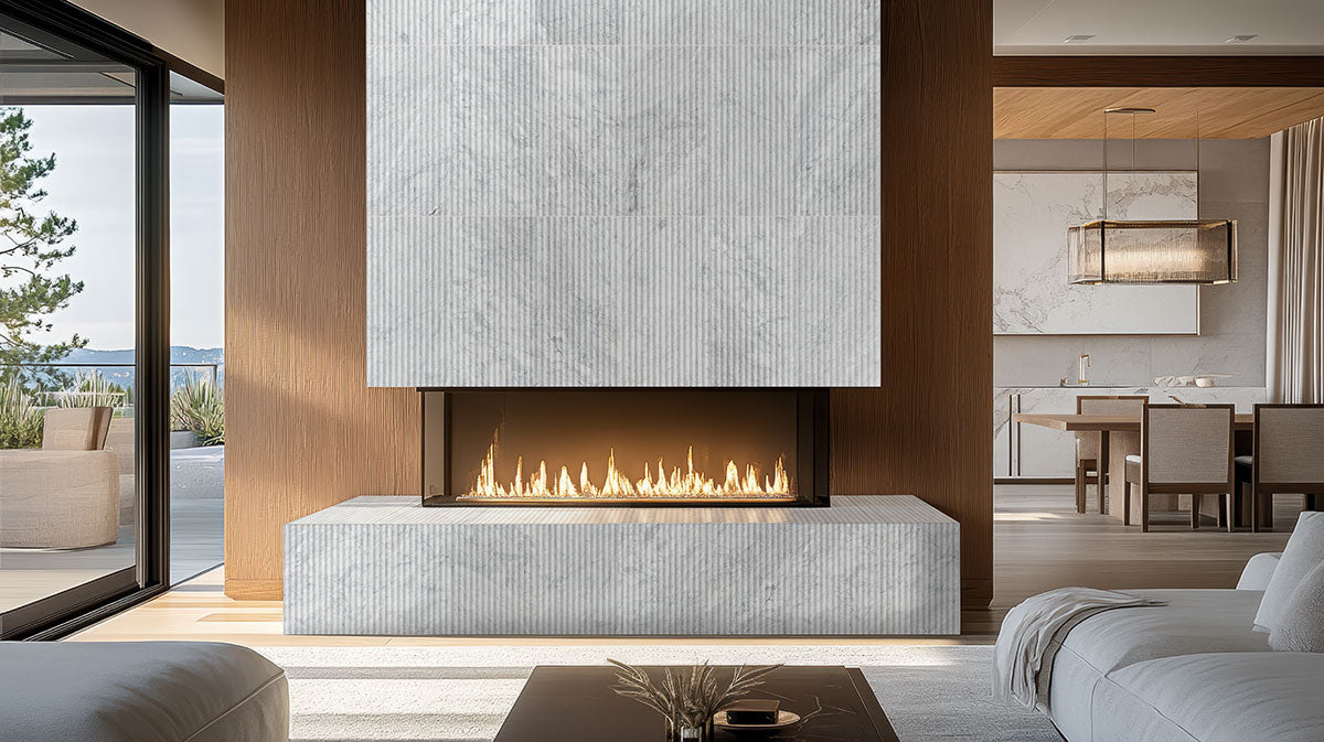 Carrara White Milano Ribbo Marble Tiles installed on accent fireplace wall with honed finish