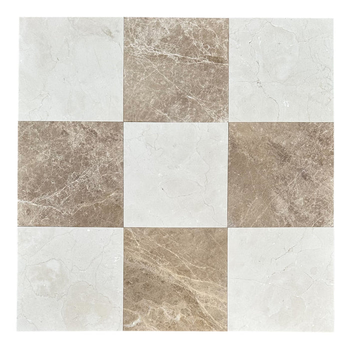 Checkerboard Crema Marfil and Emperador Light Marble Tile – 12x12