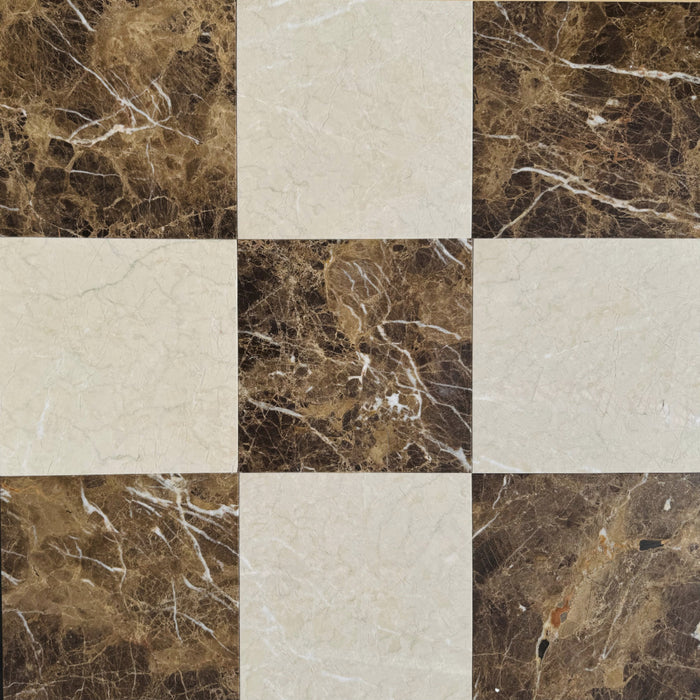 Checkerboard Marble Tile 12x12 with Cream Nouva and Dark Emperador marble squares