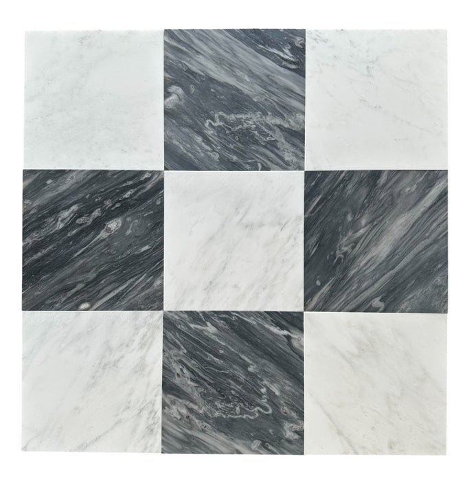 Checkerboard 12x12 tile with polished Statuary White and Nuvolato gray marble