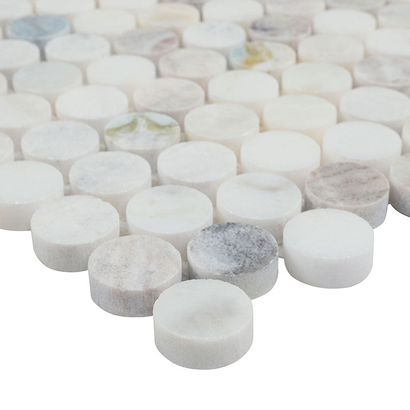 Edge of Cloudland Round Pattern Mosaic showing polished finish and unique round marble design