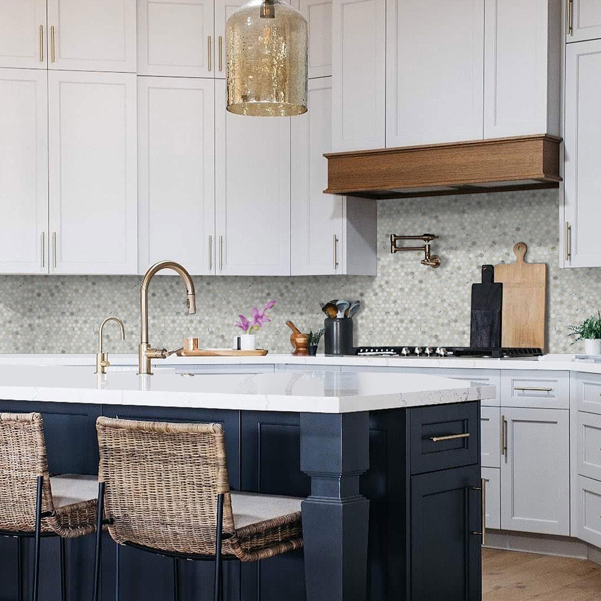 Cloudland Round Pattern Polished Marble Mosaic installed as a kitchen backsplash for a vibrant, modern look