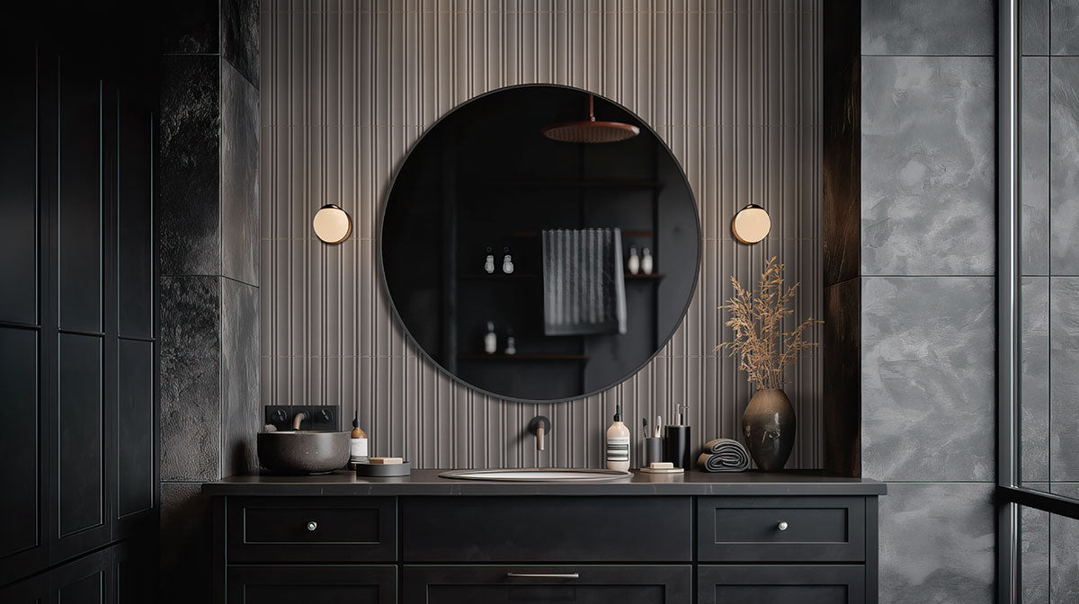 Folk Charcoal Fluted Tiles installed on bathroom wall
