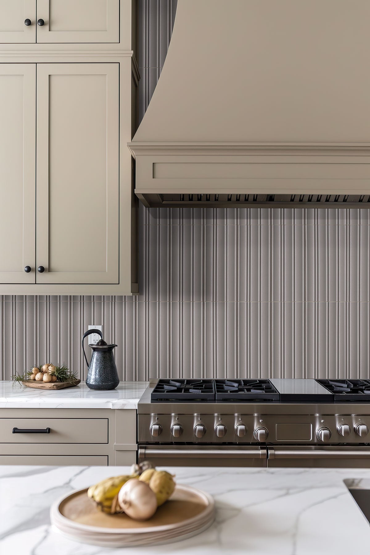 Folk Charcoal Fluted Tiles installed as kitchen backsplash with matching grout