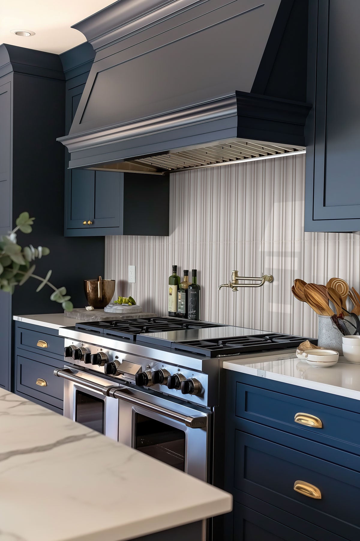 Folk Pearl Fluted Tiles installed on kitchen backsplash with seamless, refined finish