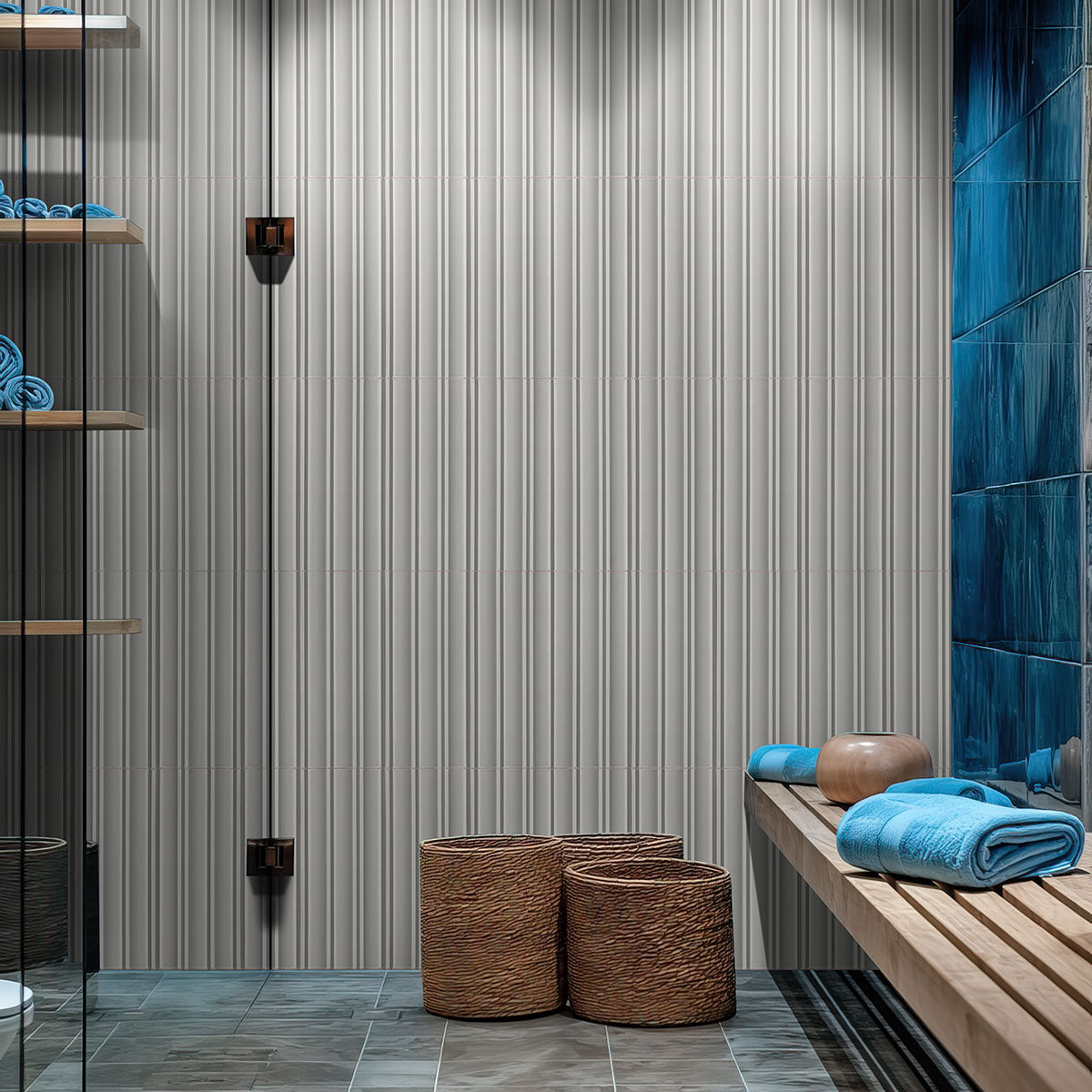Folk Silver Fluted Tiles installed on bathroom wall with seamless vintage-inspired finish
