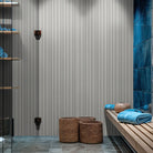 Folk Silver Fluted Tiles installed on bathroom wall with seamless vintage-inspired finish