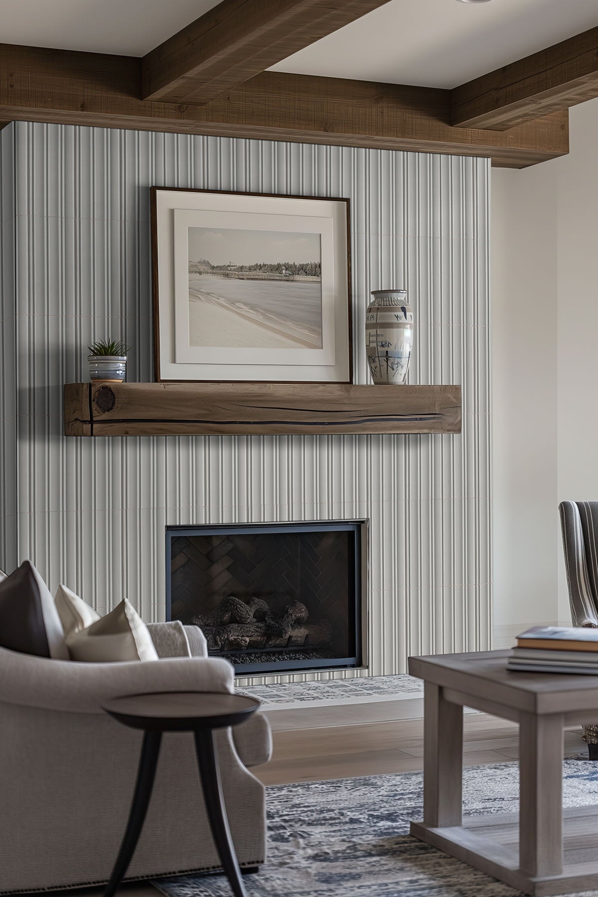 Folk Silver Fluted Tiles installed on fireplace wall with seamless vintage-inspired finish