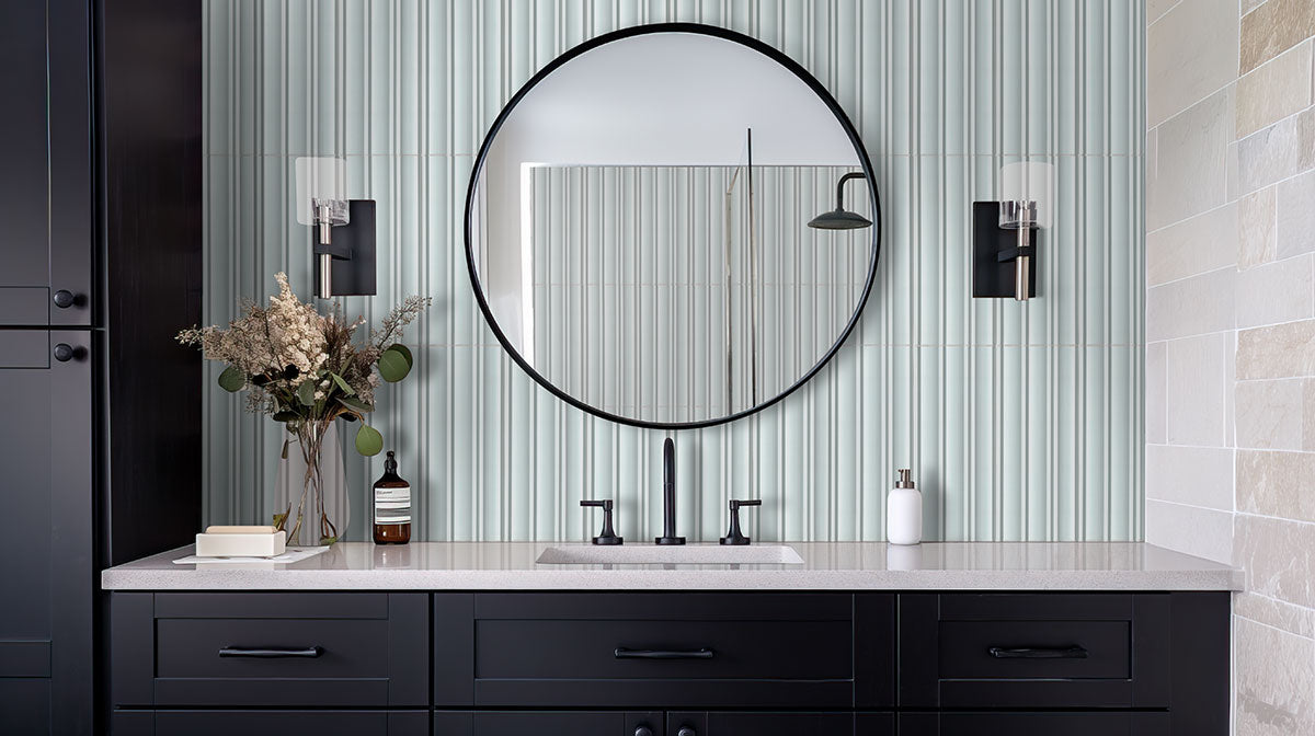 Folk Sky Fluted Tiles installed on modern bathroom backsplash with seamless, refined finish