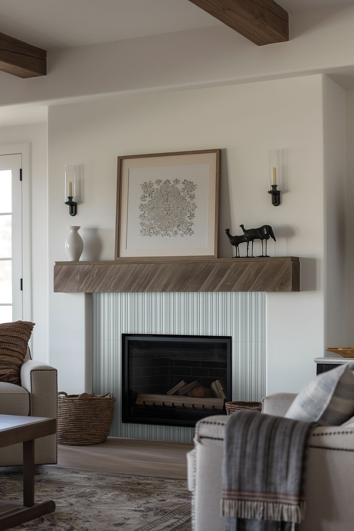 Folk Sky Fluted Tiles installed on modern fireplace wall with seamless, refined finish