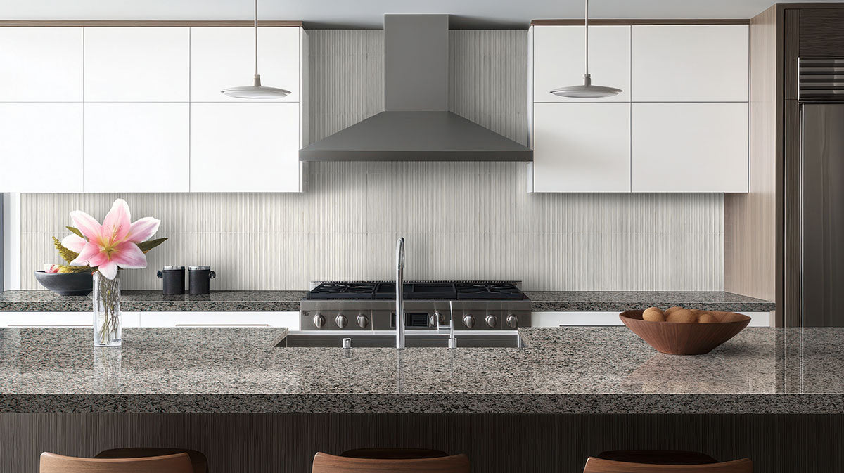 Gems Bianco Fluted Tiles installed on kitchen wall with seamless grout finish