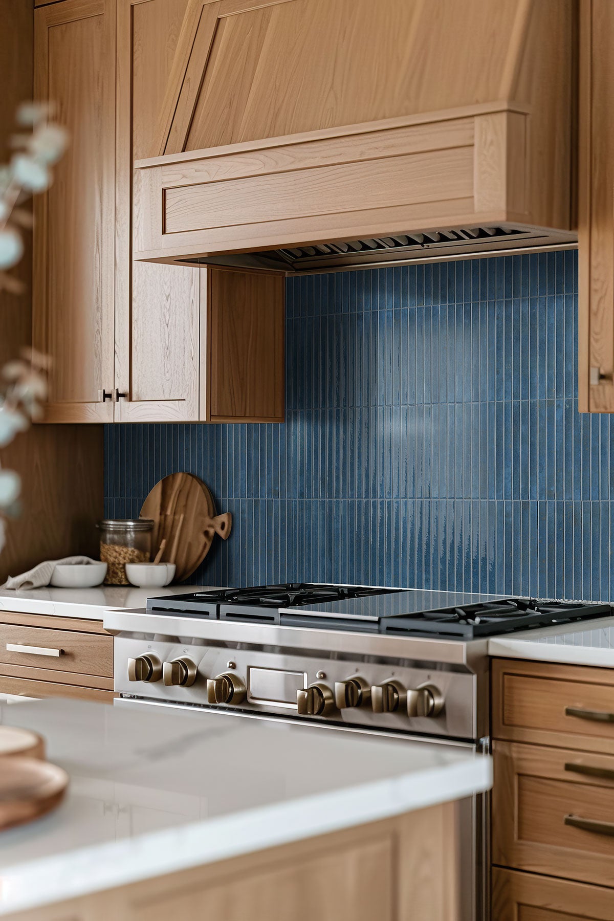 Gems Cobalto Fluted Tiles installed on accent kitchen wall with seamless grout finish