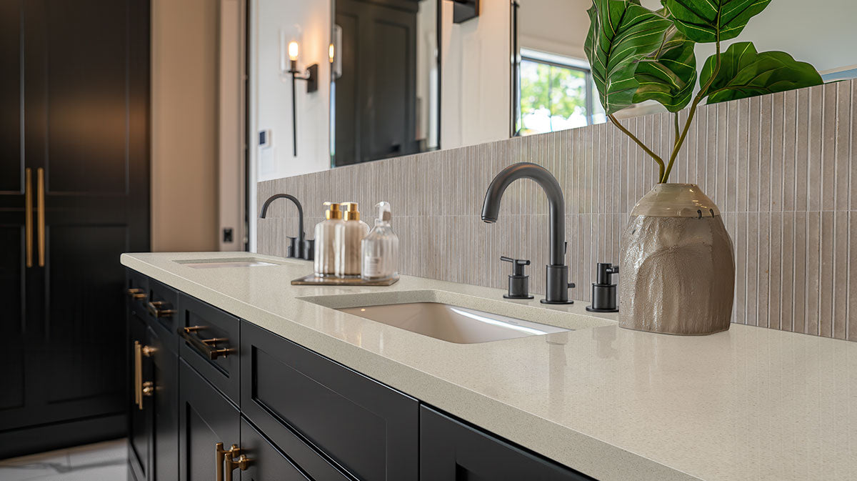 Gems Grigio Fluted Tiles installed on a modern backsplash with seamless grout finish