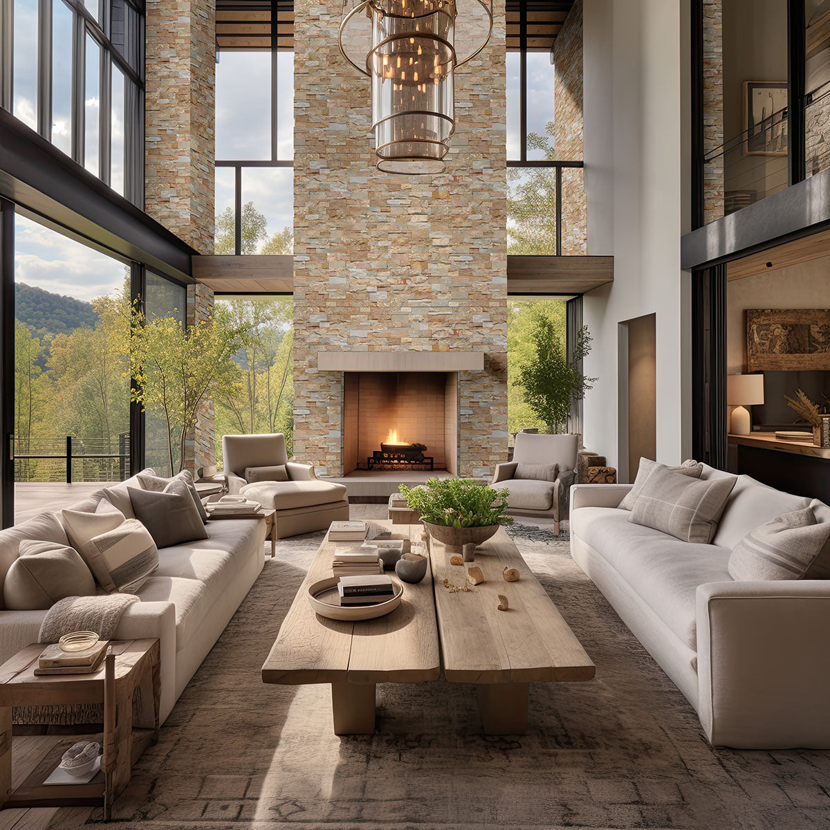 Golden White XL Quartzite Panels installed on a fireplace surround with bold contrast and rustic charm