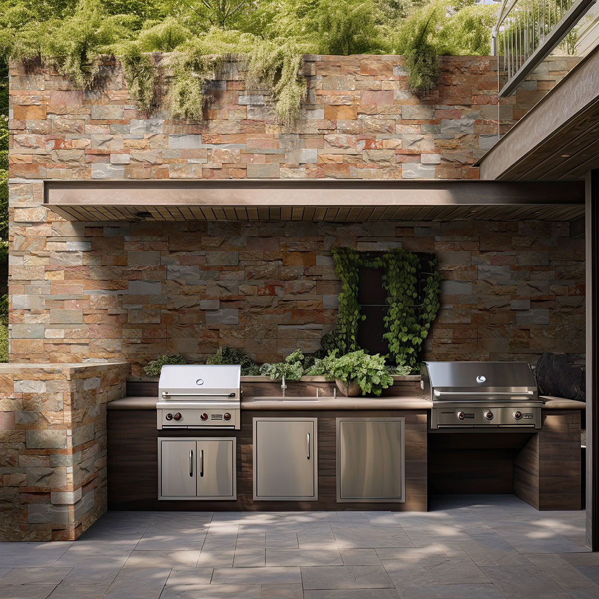 Golden White XL Quartzite Panels installed on outdoor wall surround with bold contrast and rustic charm