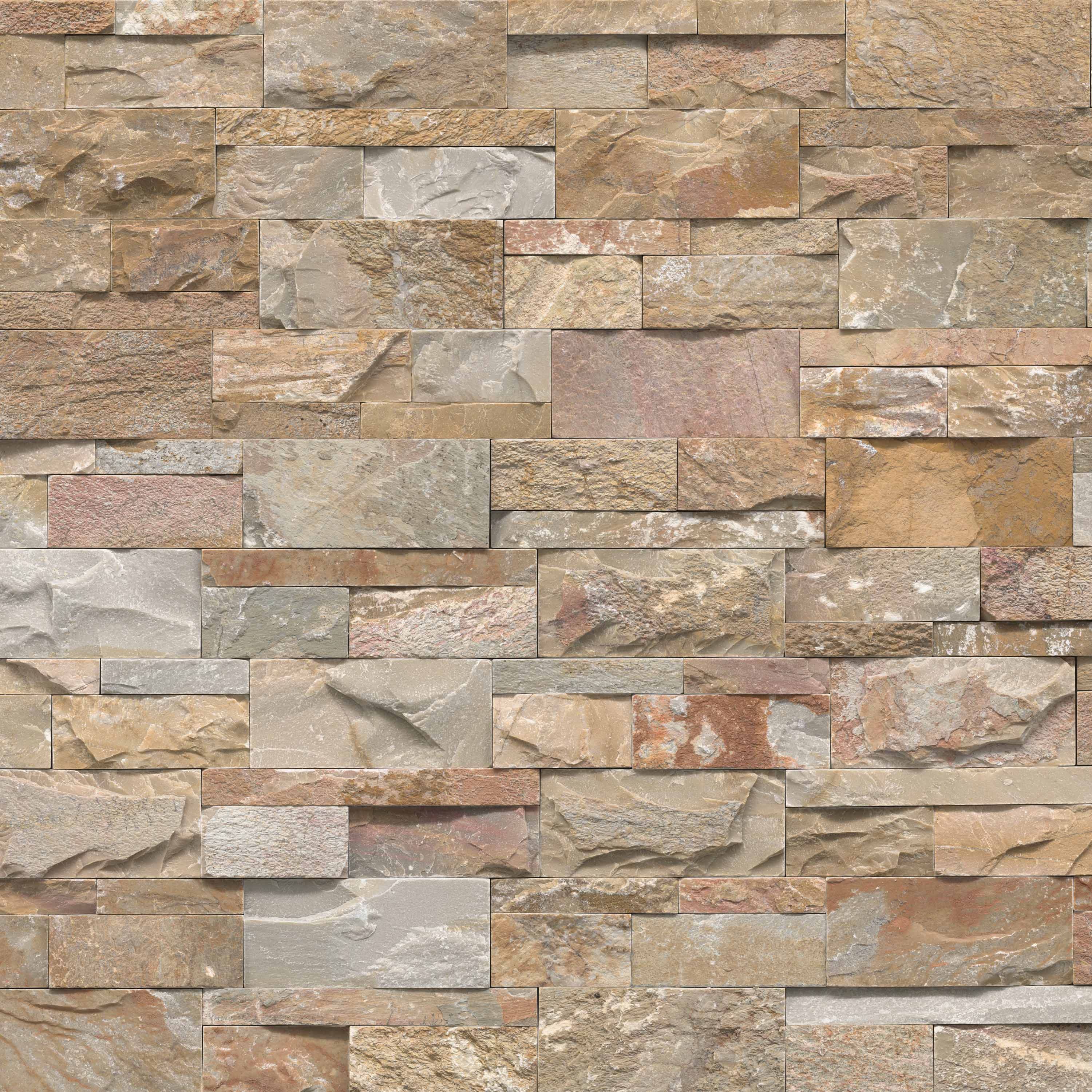 Flat view of Golden White XL Stacked Stone Panel, 9x24 quartzite in split-face finish with gold and gray tones