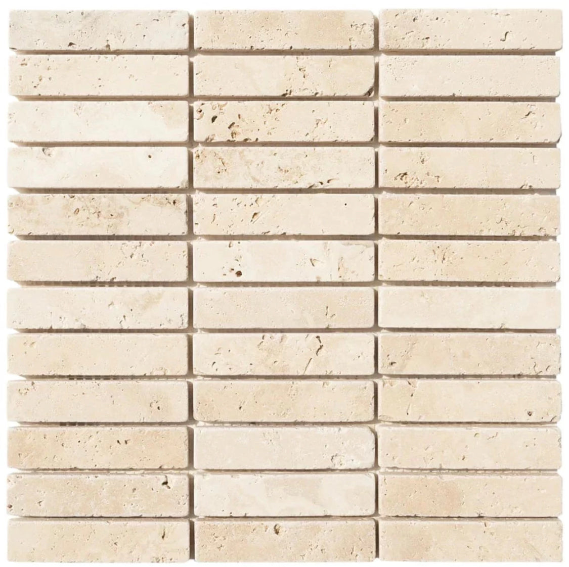 Ivory Travertine 1x4 inch tumbled mosaic tile sheet
