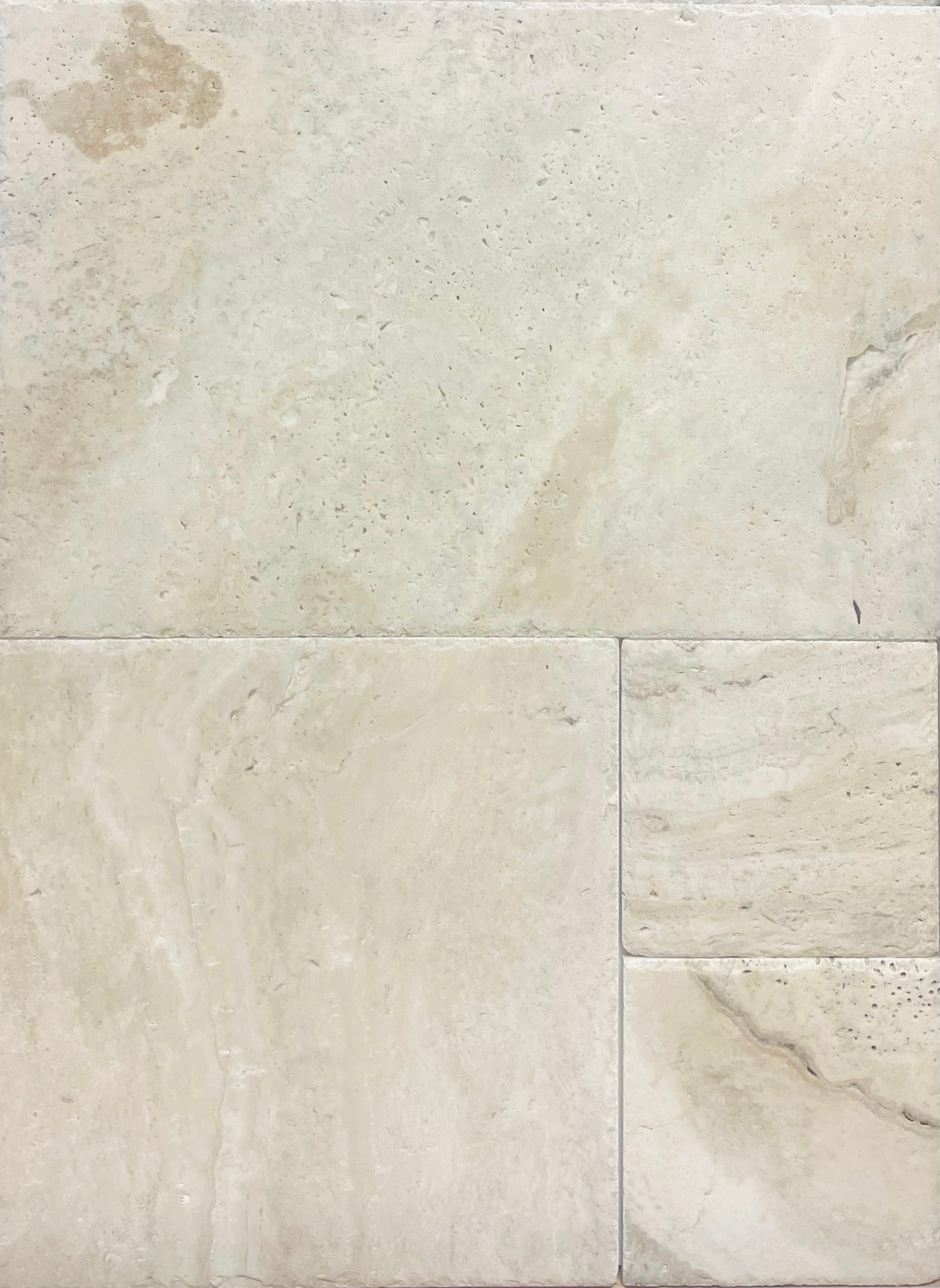 Navona Travertine Versailles tile pattern featuring soft neutral tones and chiseled edges