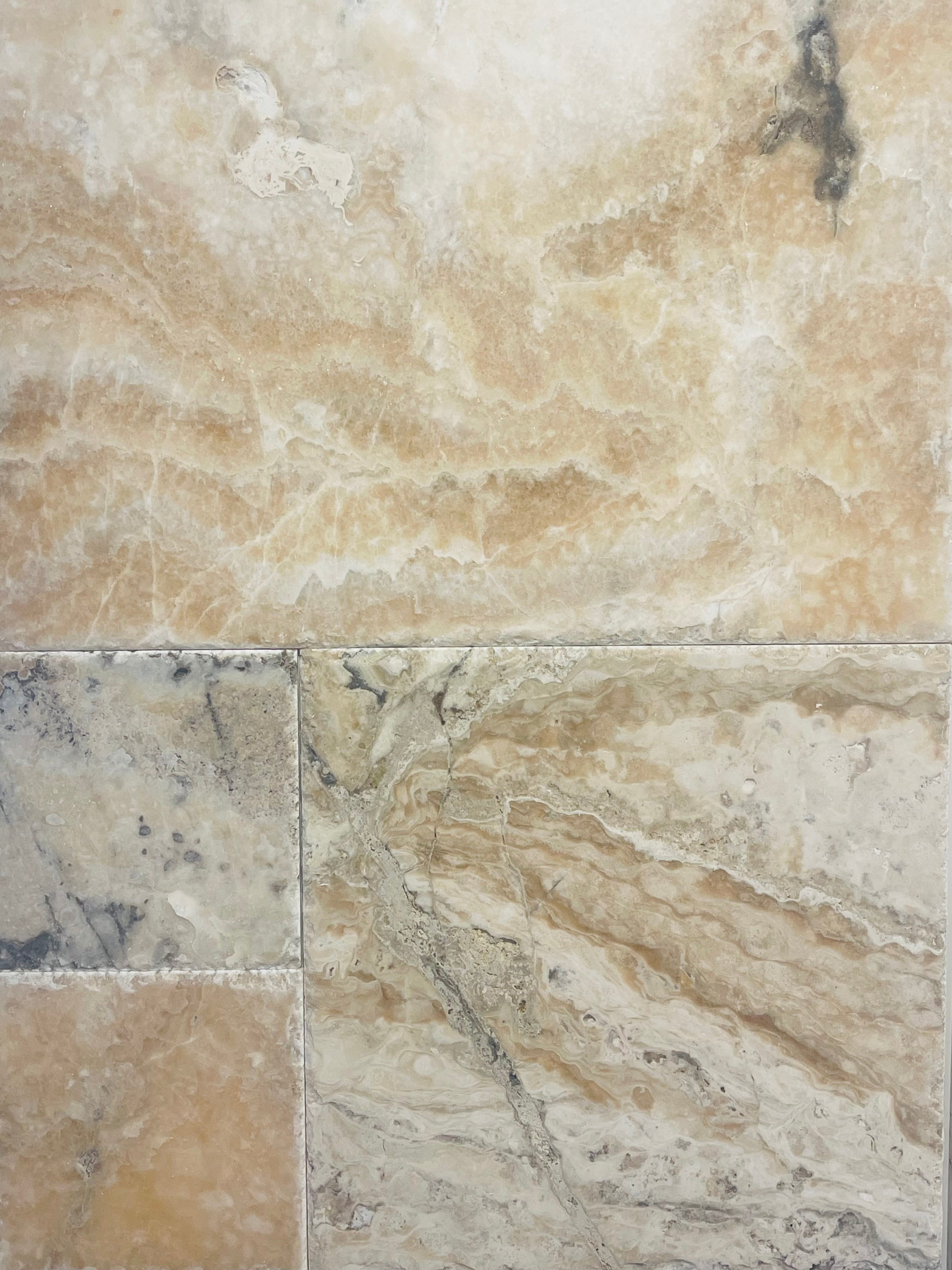 Flat view of Picasso Travertine in Versailles pattern with brushed and chiseled finish