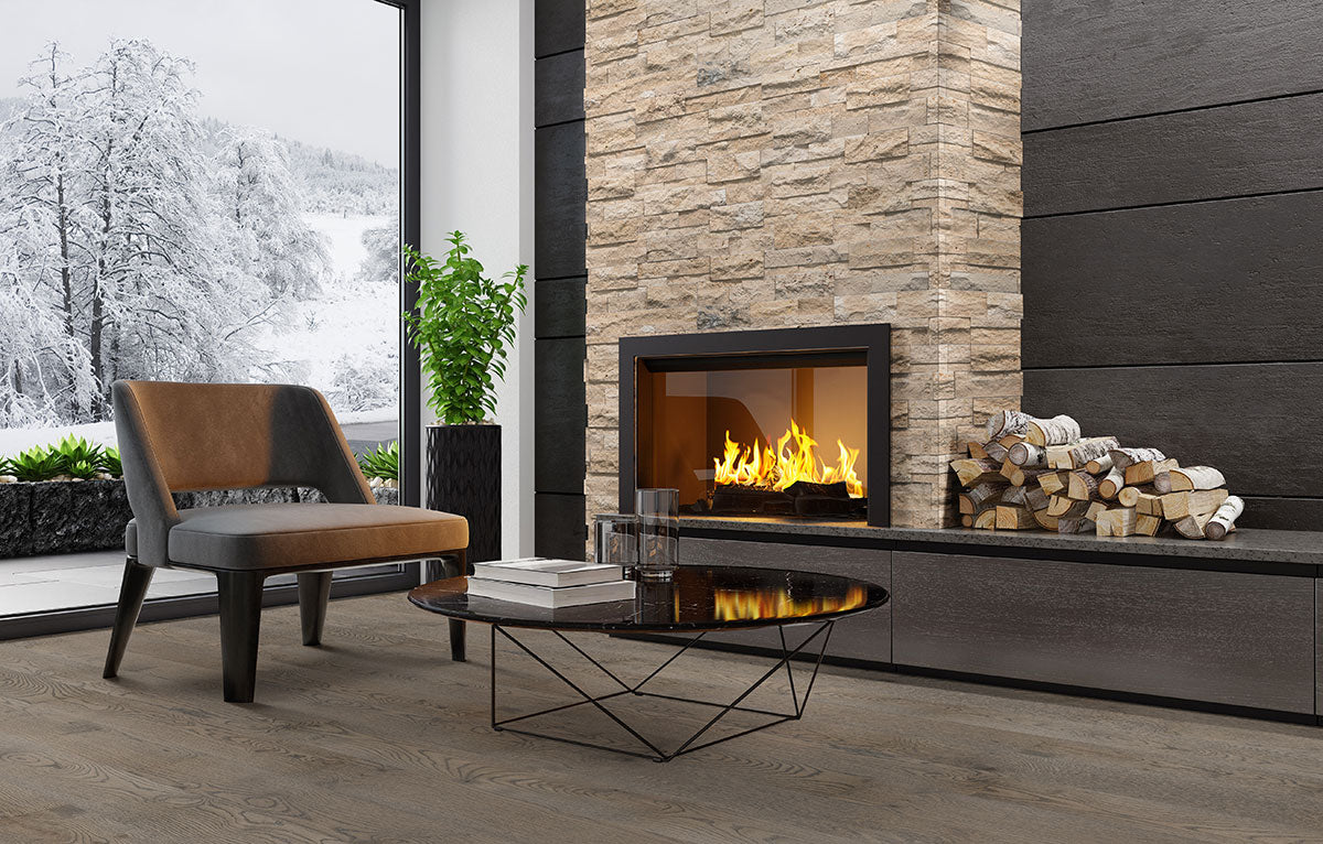 Roman Beige XL Travertine Panels installed on interior fireplace wall with textured elegance