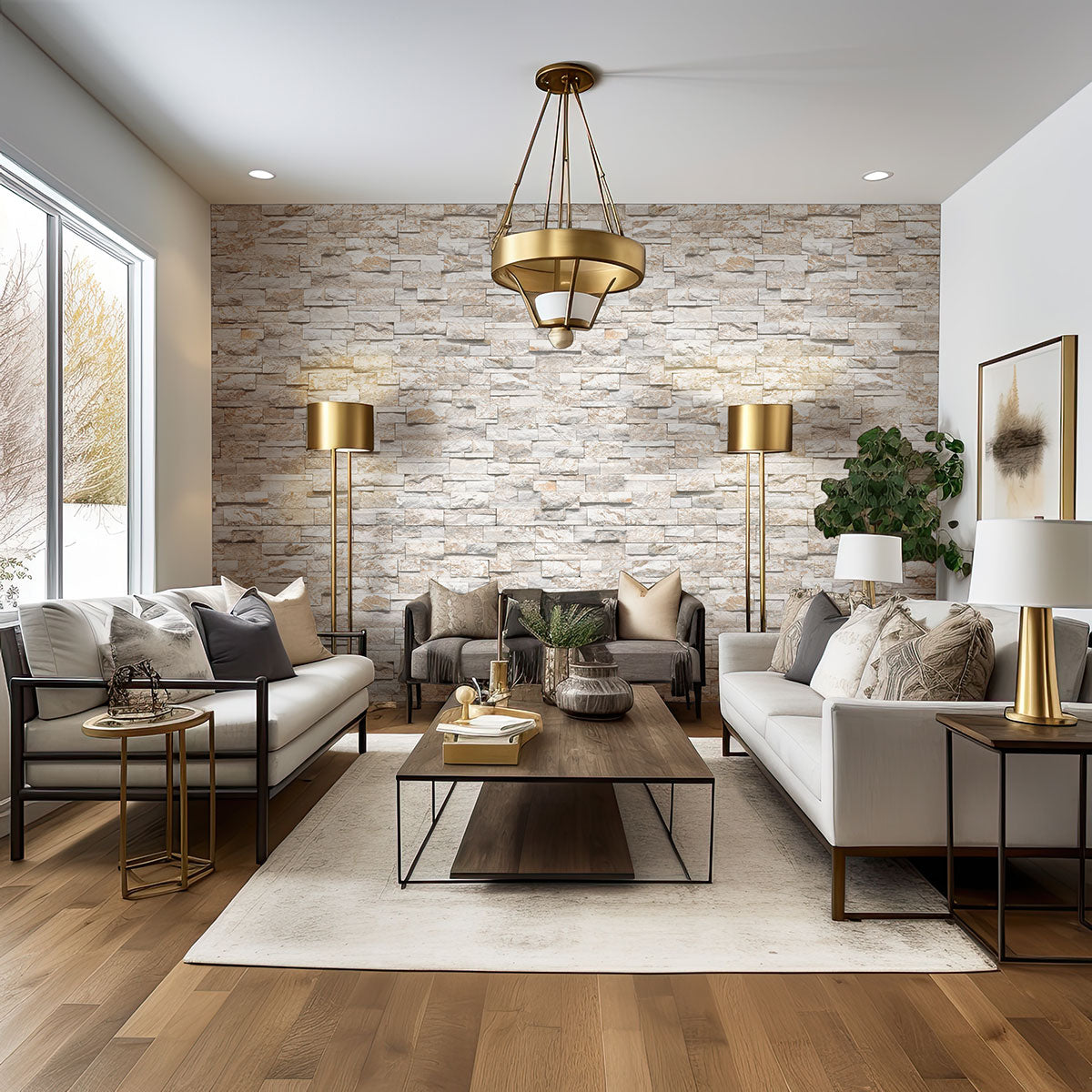 Royal White XL Quartzite Panels installed on accent wall with elegant white and beige tones