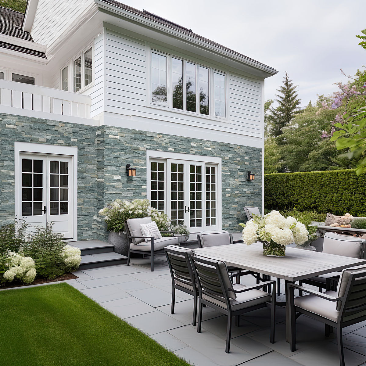 Sierra Blue XL Quartzite Panels installed on exterior wall with rustic multitone finish