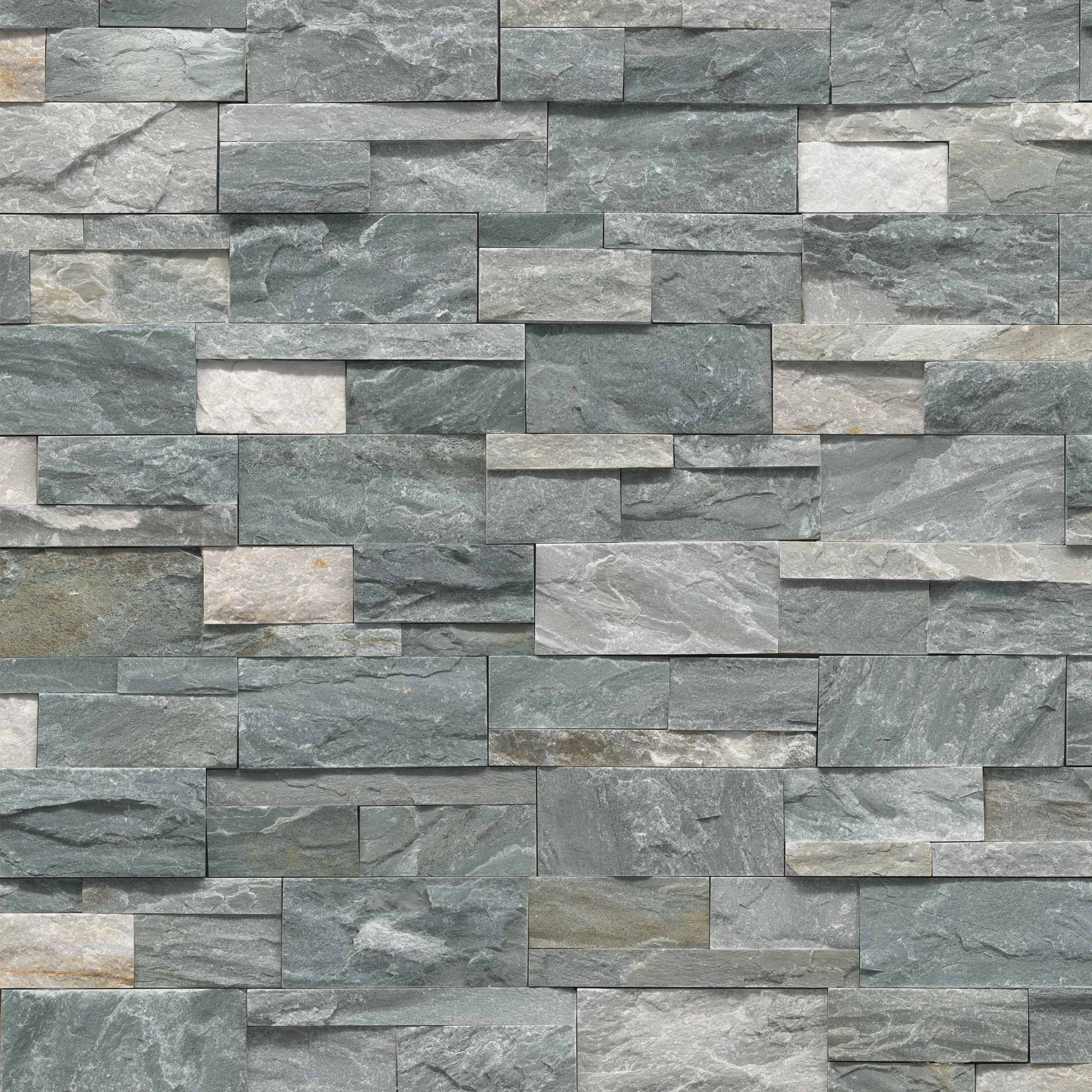 Flat view of Sierra Blue XL Stacked Stone Panel, 9x24 quartzite with blue, gray, and rust tones