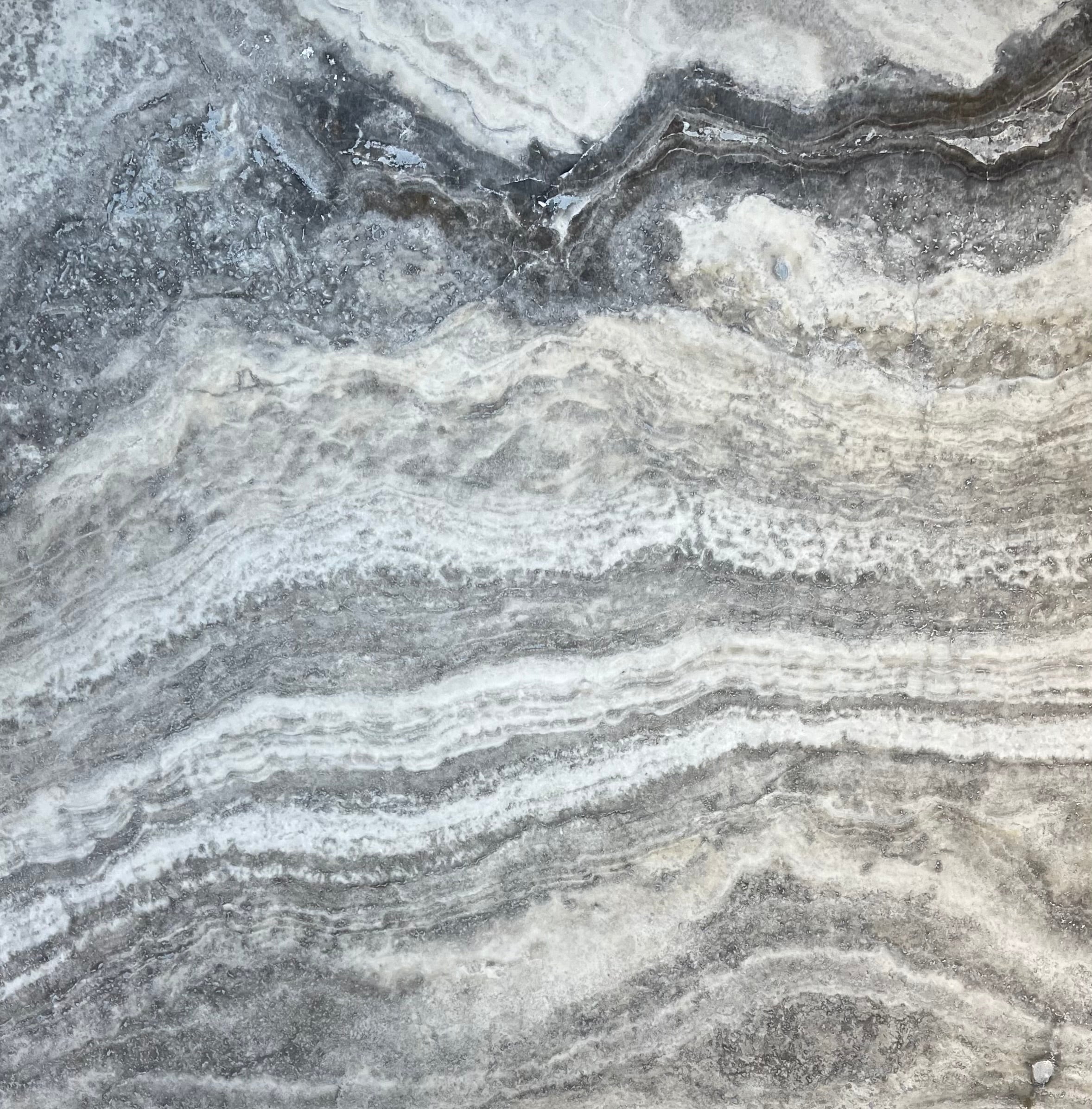 Flat view of Silver Travertine 18x18 tile in honed and filled finish, gray-tan-cream tones