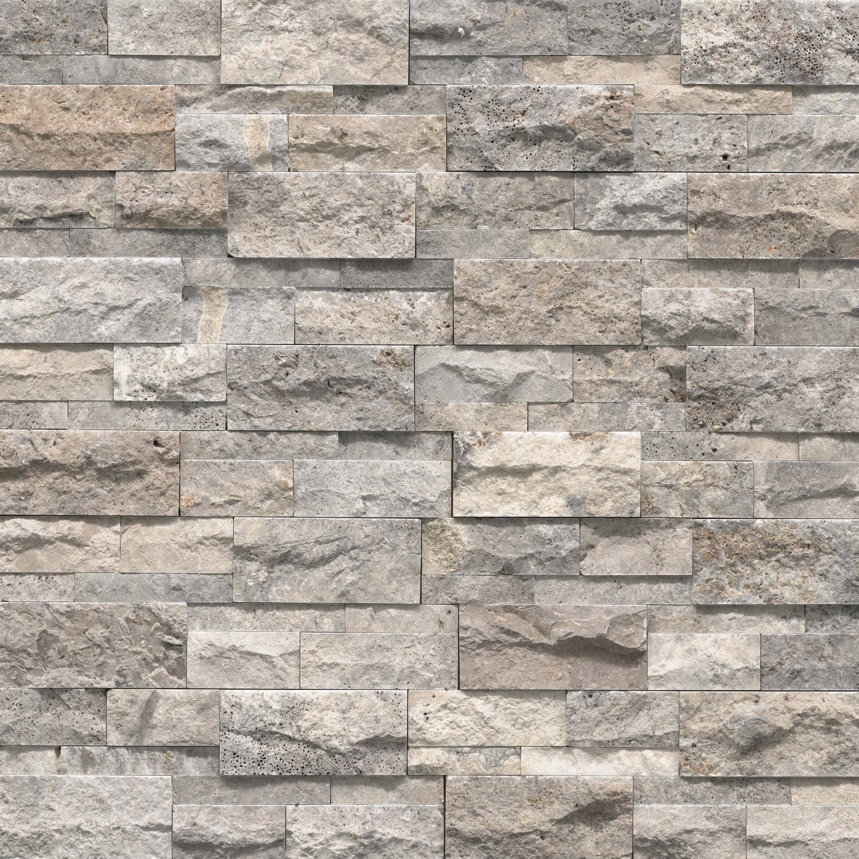 Flat view of Silver Travertine XL Stacked Stone Panel, 9x24 travertine in rustic split-face finish
