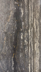 Flat view of Silver Dark Veincut Travertine 12x24 tile in honed filled finish, linear gray veining