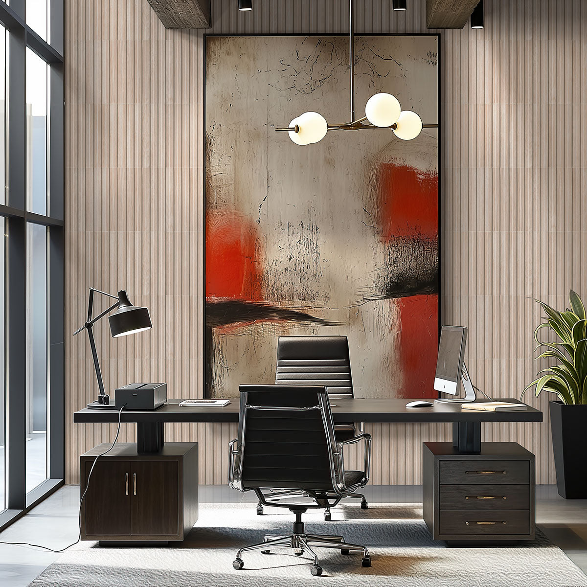 Sinfonia Hip Hop Abedul Fluted Tiles installed on a modern office wall with soft matte finish