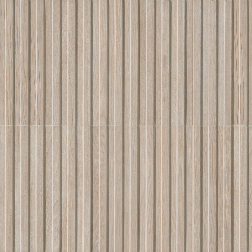 Flat view of Sinfonia Hip Hop Abedul Fluted Tile with matte finish and blonde wood-look texture