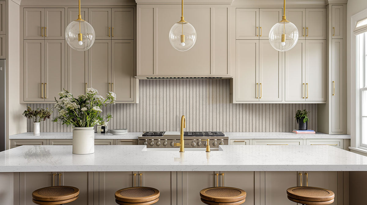 Sinfonia Hip Hop Arena Fluted Tiles installed on kitchen wall with seamless, sophisticated finish