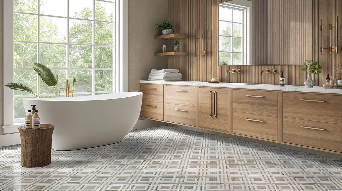Sinfonia Hip Hop Camel Fluted Tiles installed on a bathroom wall with warm, elegant finish