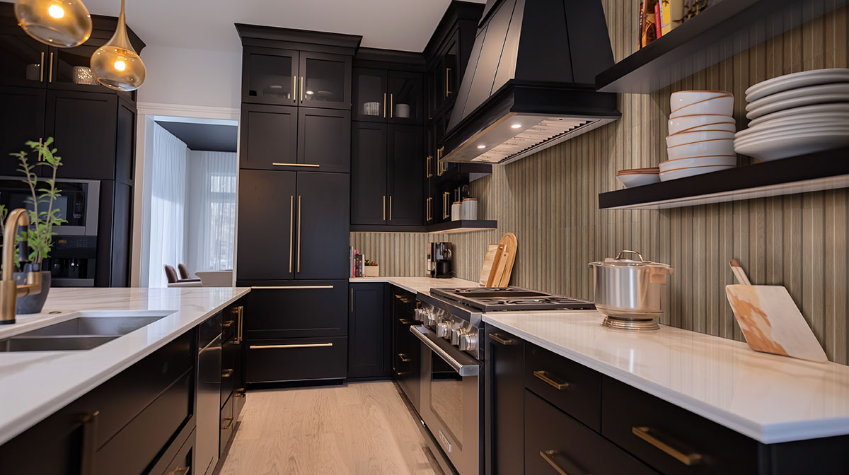 Sinfonia Hip Hop Camel Fluted Tiles installed on a kitchen wall with warm, elegant finish