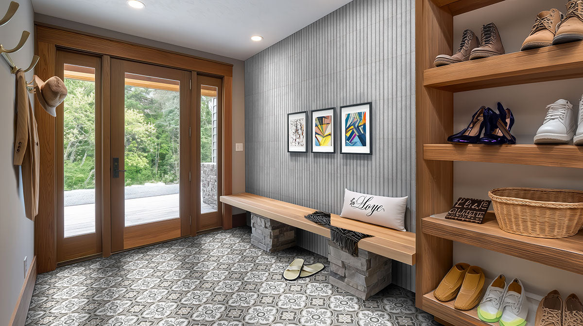 Sinfonia Hip Hop Ceniza Fluted Tiles installed on modern entryway wall with seamless, elegant finish