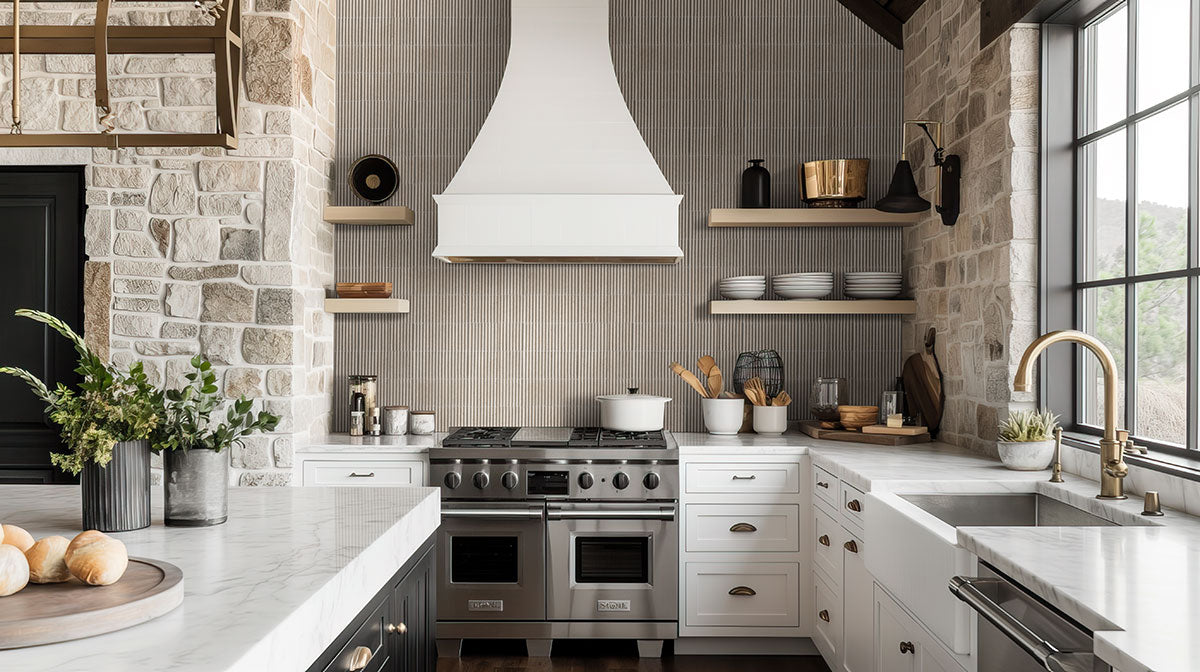 Sinfonia Piano Arena Fluted Tiles installed on kitchen backsplash with seamless, refined look
