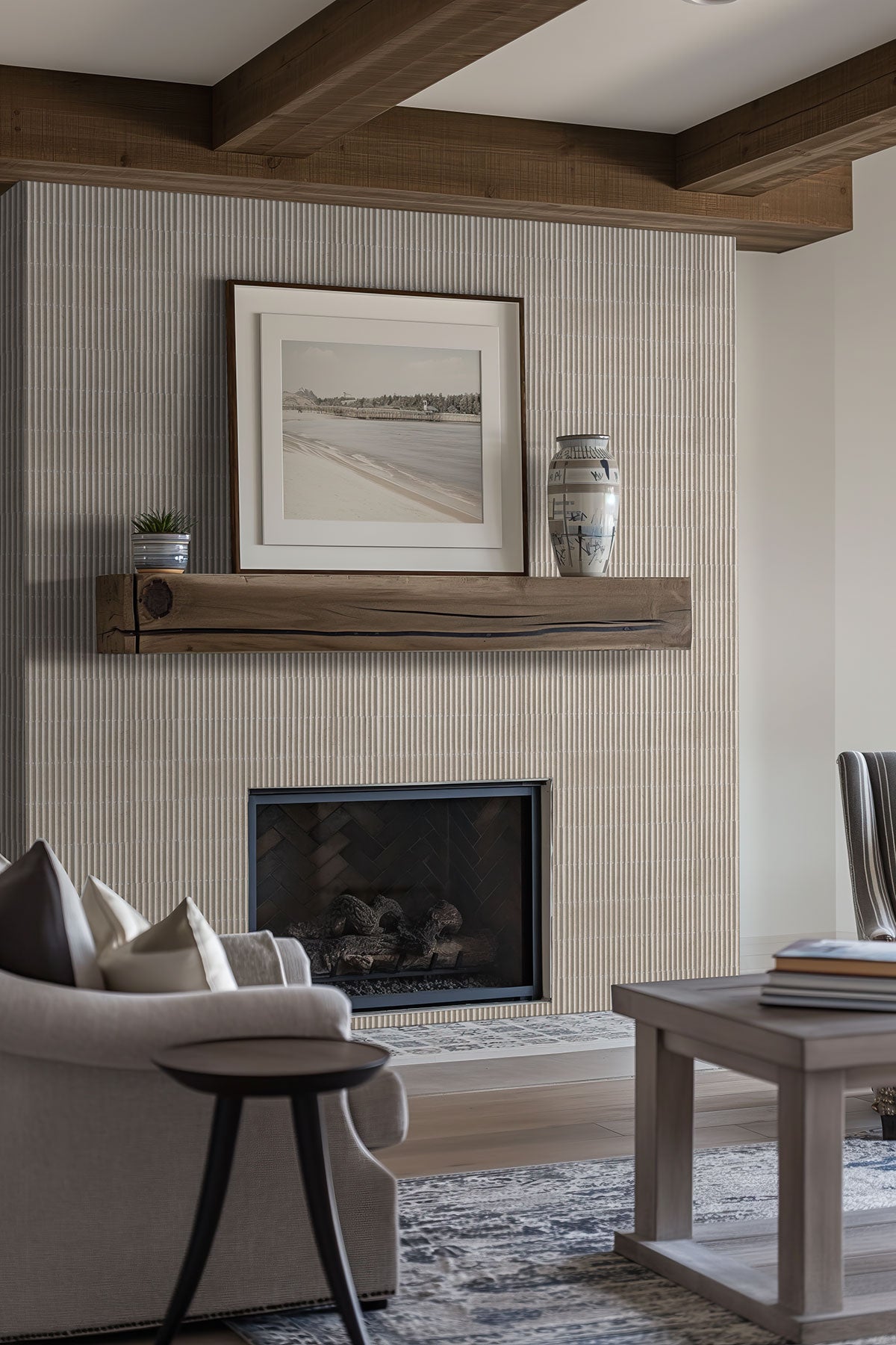 Sinfonia Piano Arena Fluted Tiles installed on fireplace wall with seamless, refined look