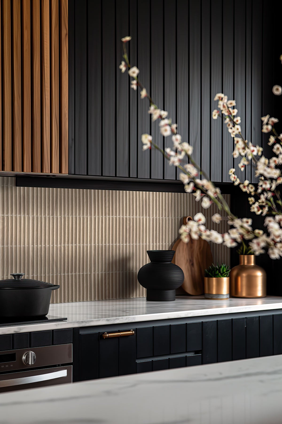Sinfonia Piano Camel Fluted Tiles installed on kitchen backsplash with clean vertical layout