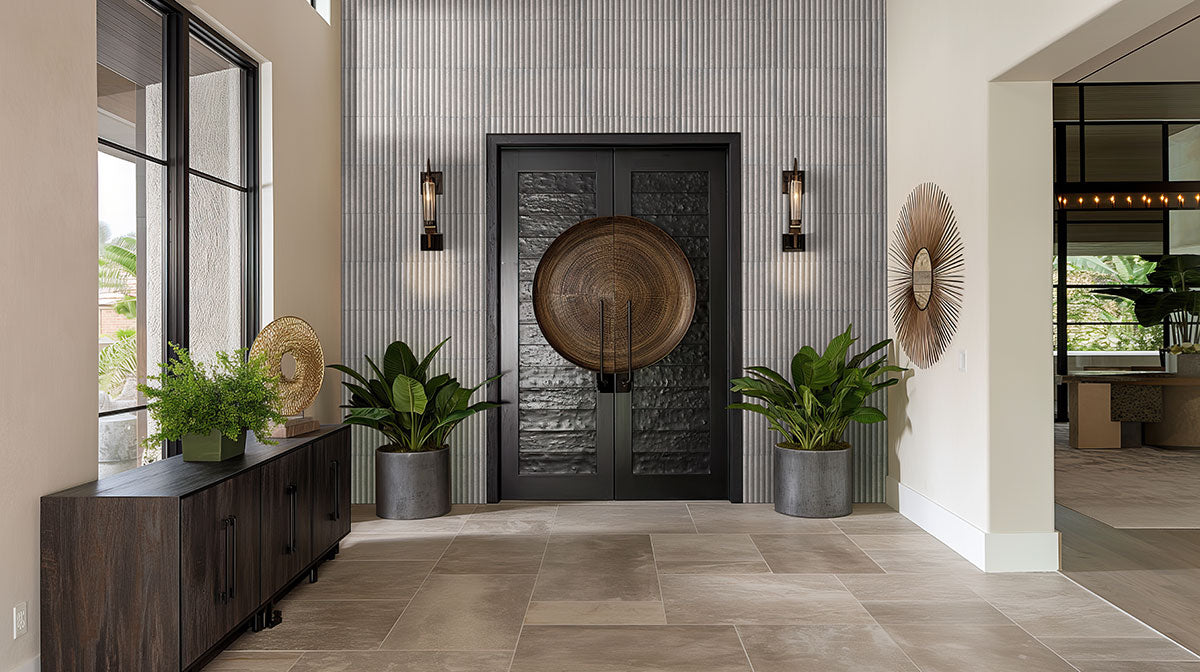 Sinfonia Piano Ceniza Fluted Tiles installed on entryway wall with elegant vertical layout