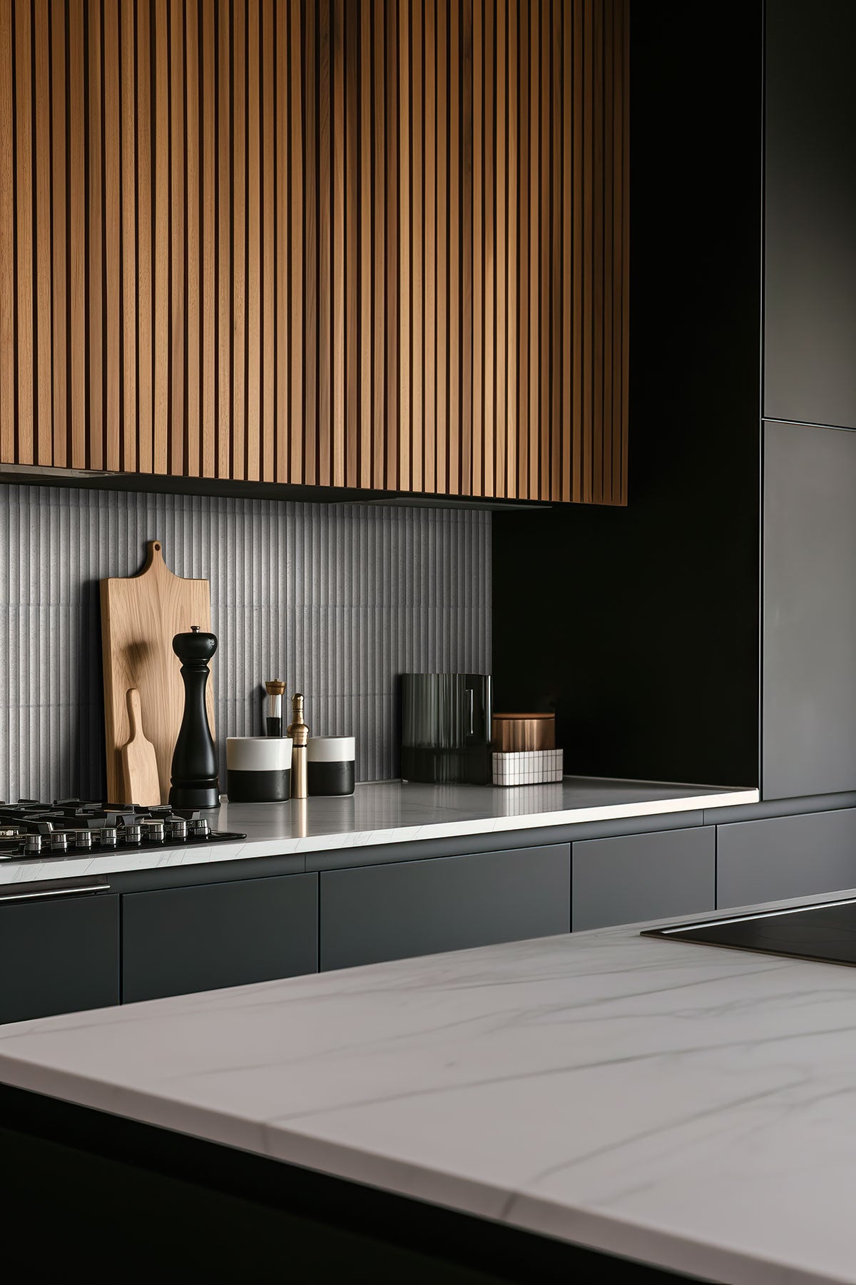 Sinfonia Piano Ceniza Fluted Tiles installed on kitchen wall with elegant vertical layout
