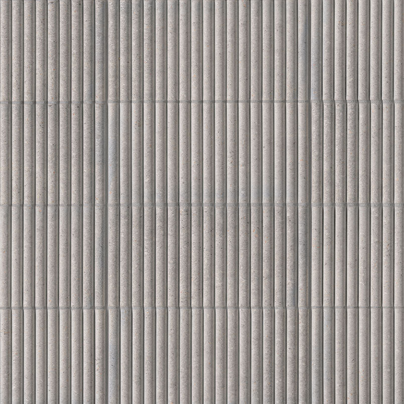 Flat view of Sinfonia Piano Ceniza Fluted Tile, 4.5x9 with matte finish and gray limestone-look texture